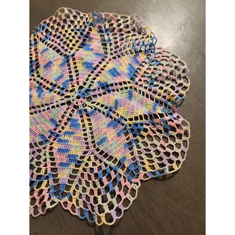 Vintage Pastel Variegated Crochet Doilies Set 2 Colorful Maximalist Decor Flaw*